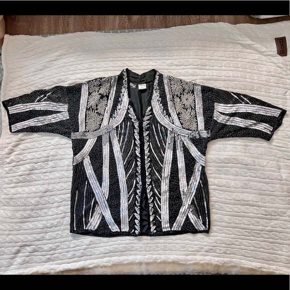 Vintage handmade Silver Beaded Sequined Duster Coat Long Jacket - Picture 7 of 16